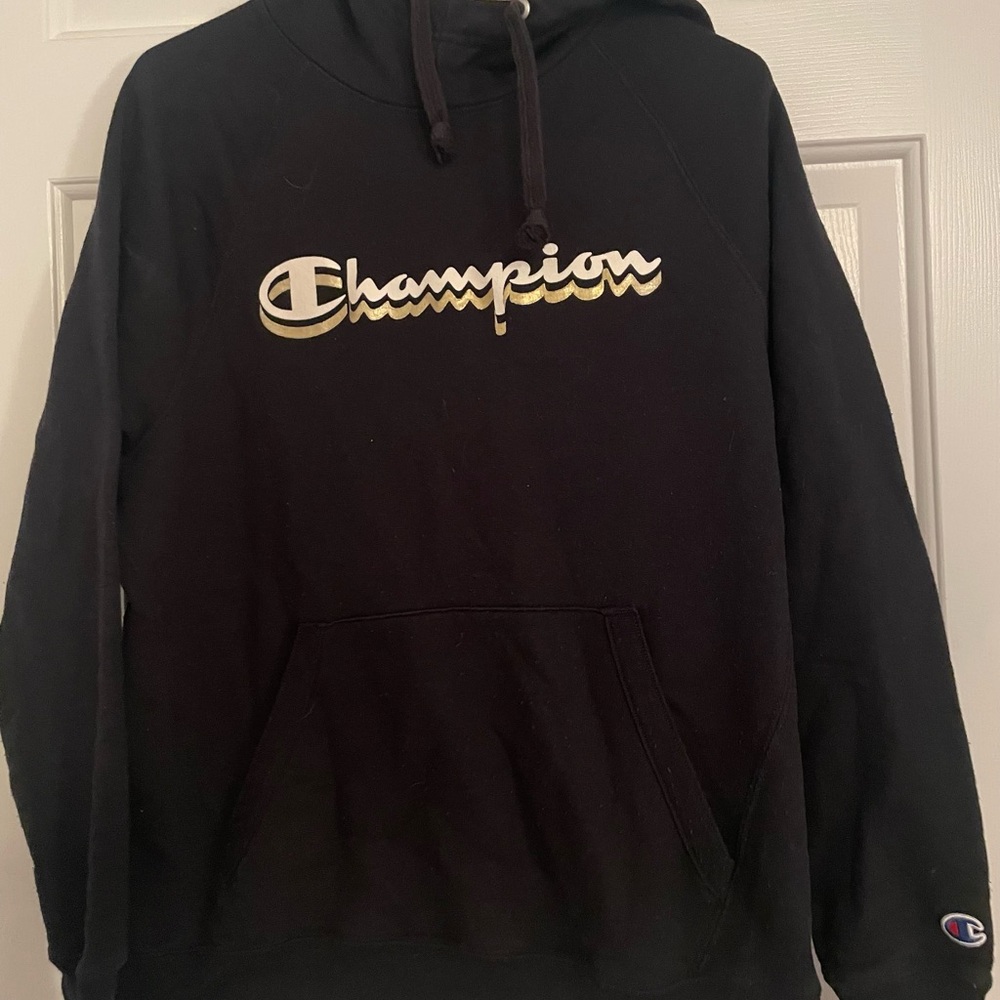 Champion Black Hoodie Sweatshirt with Metallic Logo